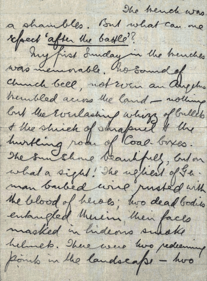 Image shows the first page of the Rev Thomson's letter to Lady Clementina Waring describing his experiences in the trenches, 1915 National Records of Scotland reference: GD372/87/12